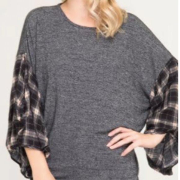 She + Sky Brown Plaid Bubble Sleeves Knitted Top - Picture 1 of 13